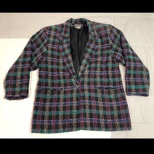 Vintage Adolfo Womens Size Large Wool Blend Black Plaid Tweed Blazer Jacket
